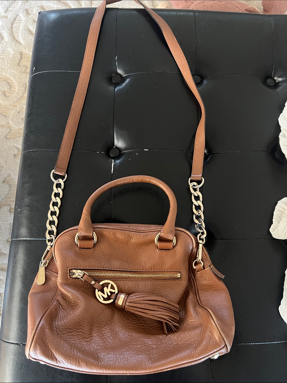 Michael Kors Cognac Brown Leather Satchel with Tassel Charm